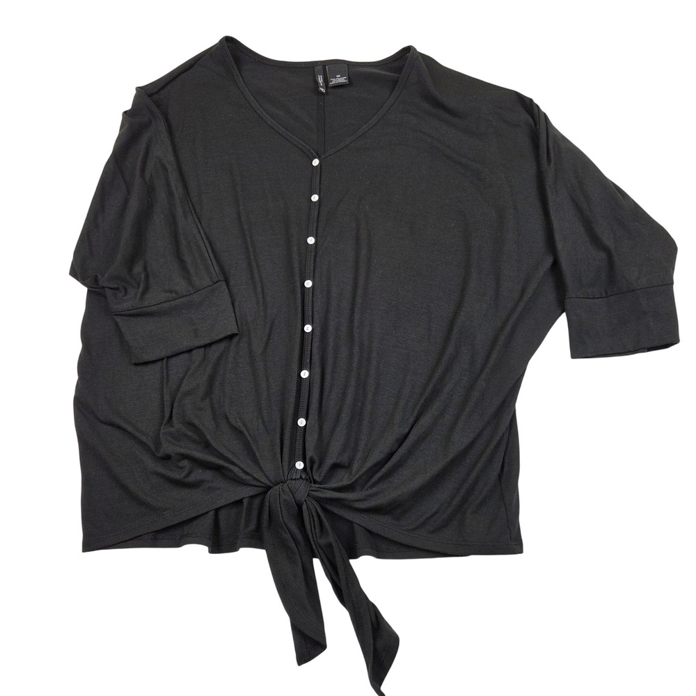 New Directions Woman Top Black Tie Front Button Down Dolman Sleeve V-Neck 1X